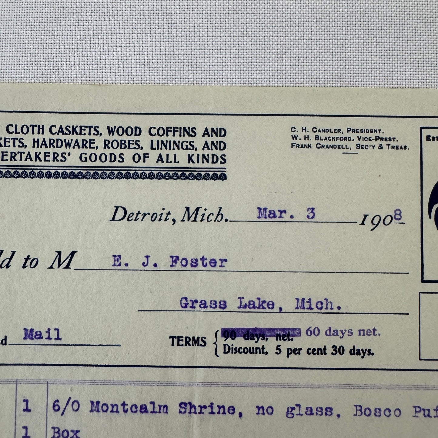 Detroit Casket Company 1908 Invoice Receipt Document Lot 2x Funeral