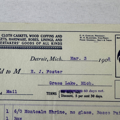 Detroit Casket Company 1908 Invoice Receipt Document Lot 2x Funeral