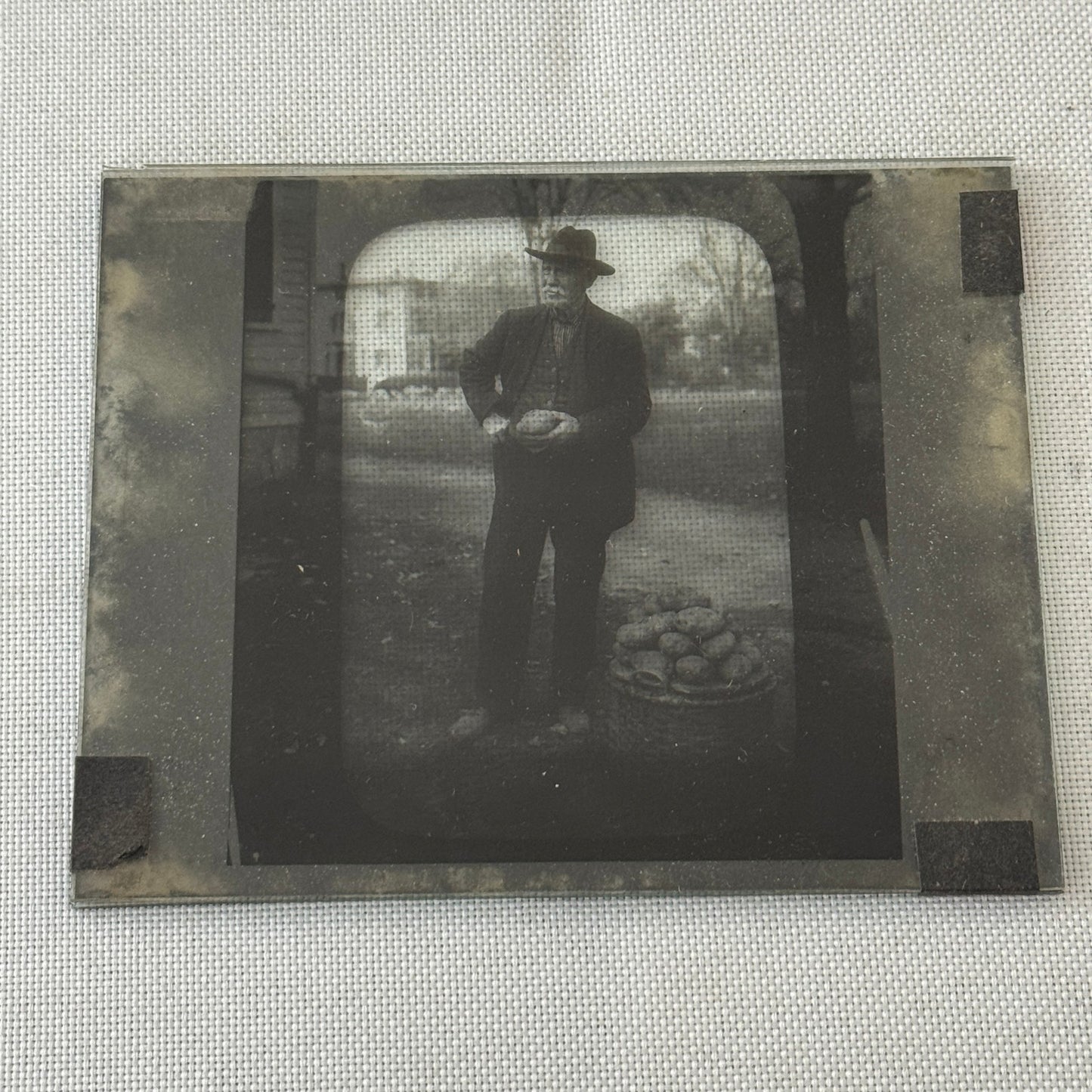 Antique Glass Plate Lantern Slide Photo Man with Potato Basket Farm