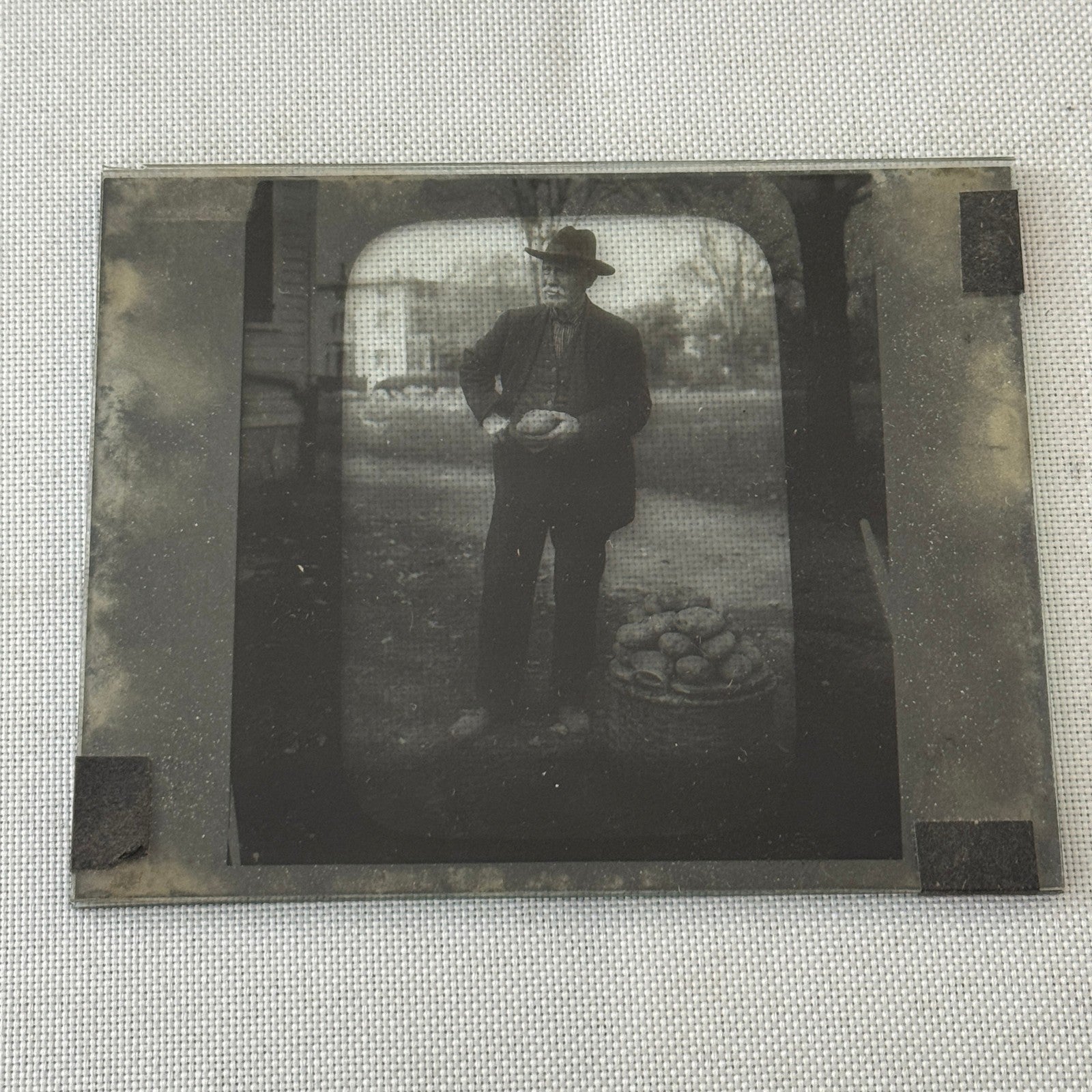 Antique Glass Plate Lantern Slide Photo Man with Potato Basket Farm