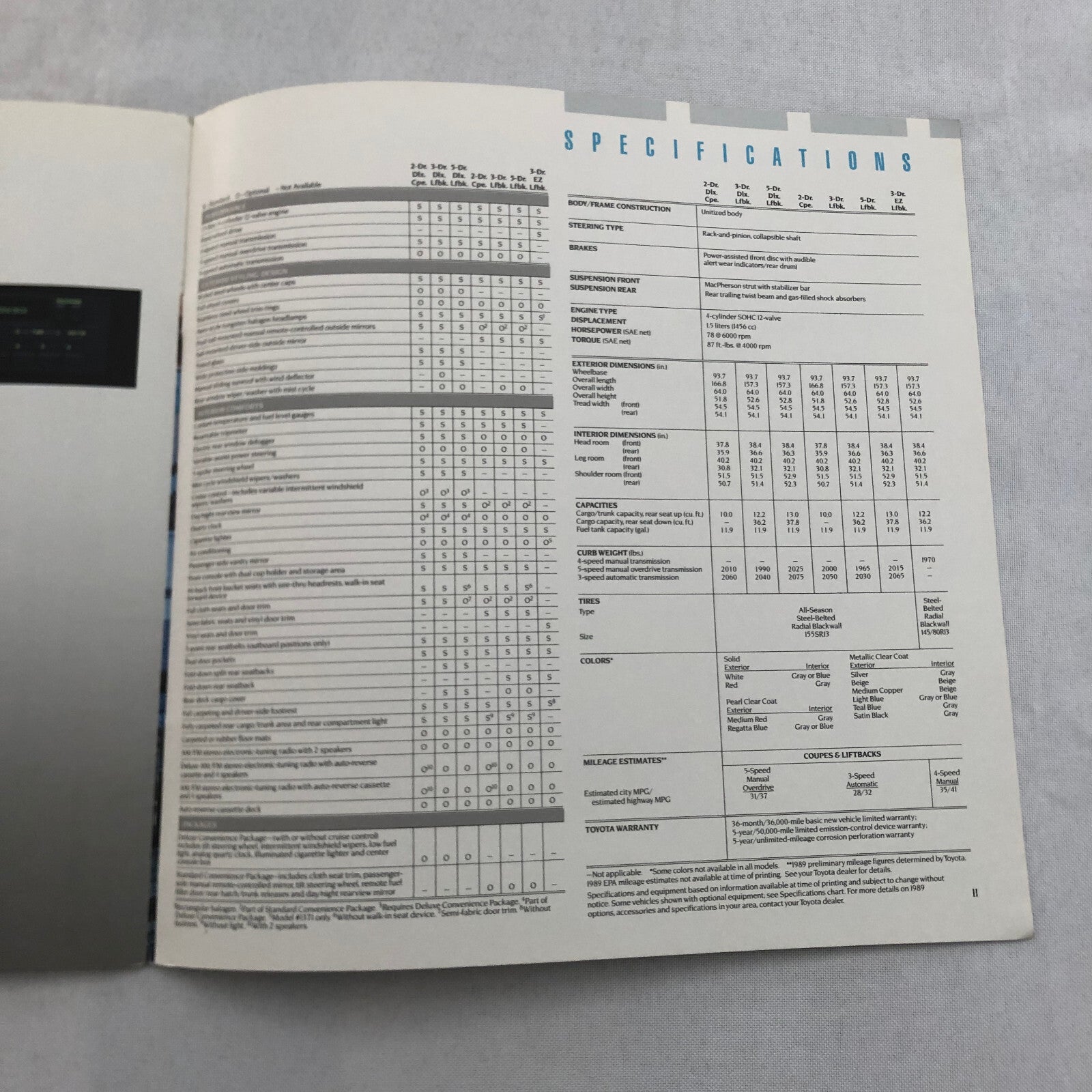 1989 Toyota Tercel Car Sales Brochure Catalog Advertising Vintage Coupe Hatch