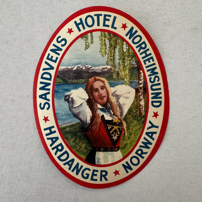 Vintage Hotel Travel Luggage Label Hotel Norheimsund Norway Hardanger Sandvens