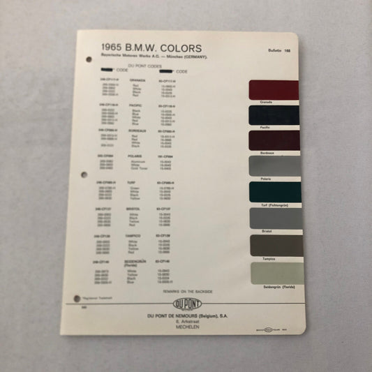 1965 BMW Car Dupont Paint Chip Color Sample Sheet