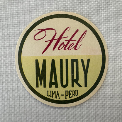 Vintage Hotel Travel Label Hotel Maury Lima Peru Peruvian