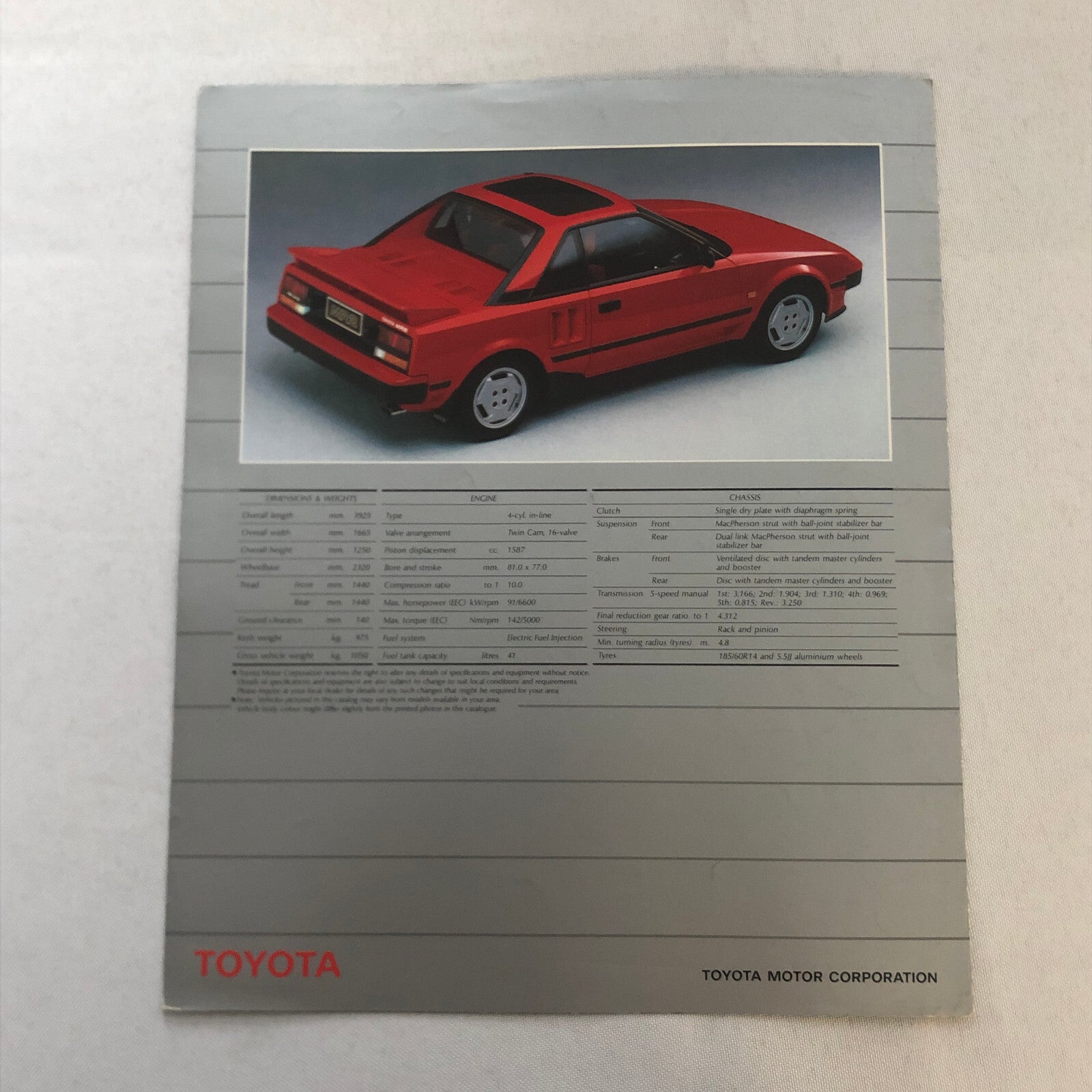Vintage Toyota MR2 Car Sales Brochure Catalog Advertising
