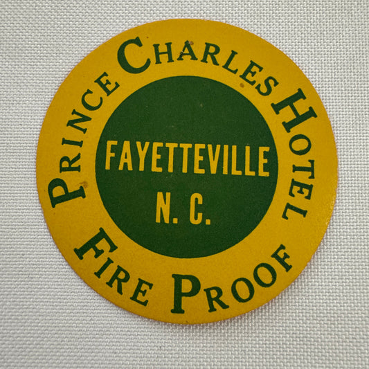 Vintage Travel Luggage Label Prince Charles Hotel Fayetteville North Carolina NC