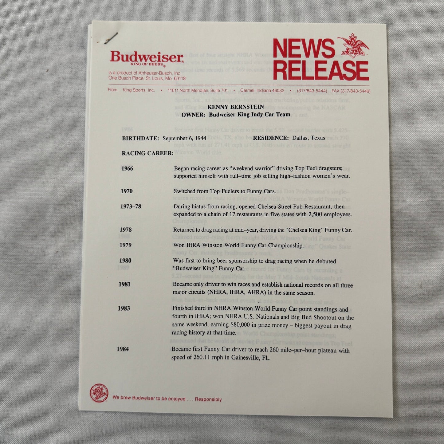 1993 Budweiser King Indy Car Racing Press Kit Roberto Guerrero