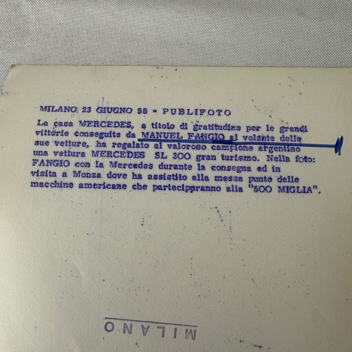 Juan Manuel Fangio Mercedes 300 SL Roadster Italian Press Photo Photograph 1958