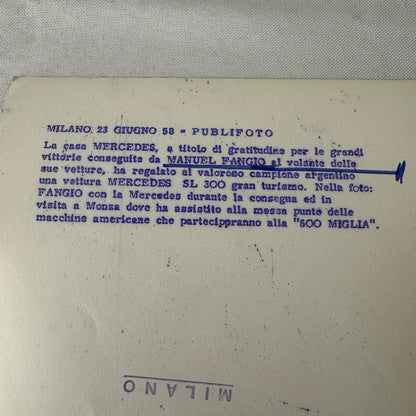 Juan Manuel Fangio Mercedes 300 SL Roadster Italian Press Photo Photograph 1958