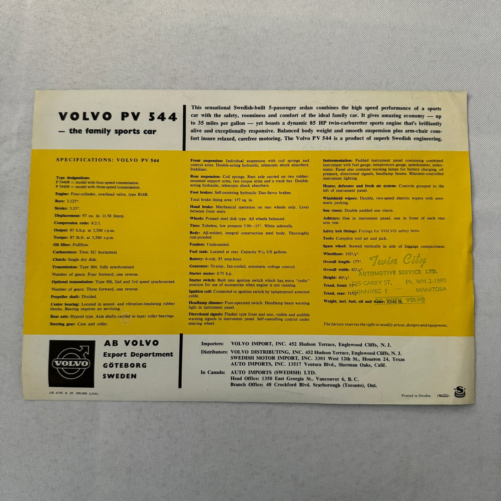 Volvo PV 544 Car Sales Brochure Catalog Vintage Advertising Volvo PV544