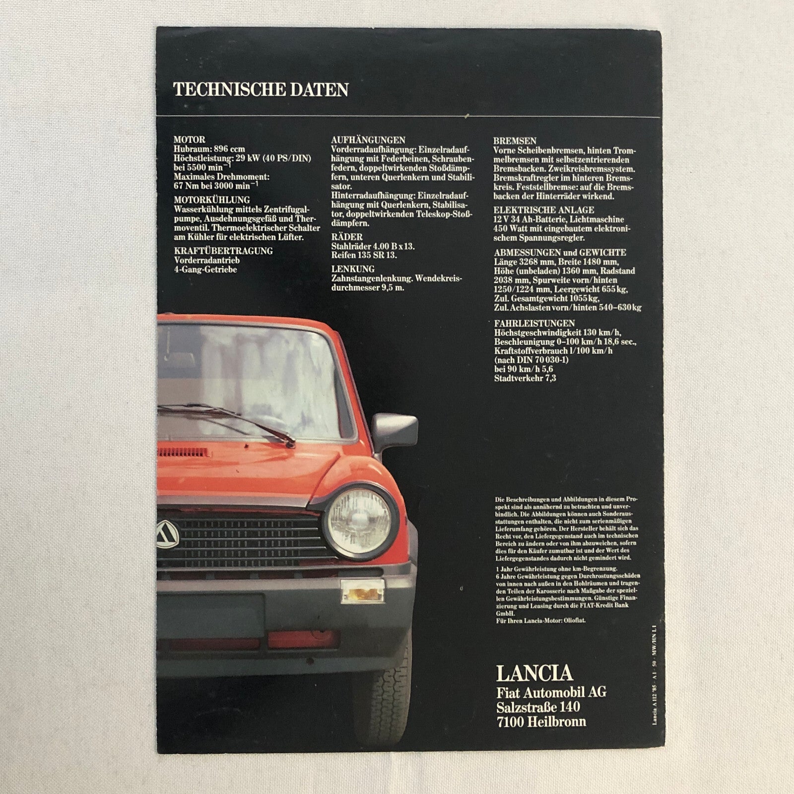 Lancia A112 Car Sales Brochure Catalog Vintage GERMAN Lancia A 112