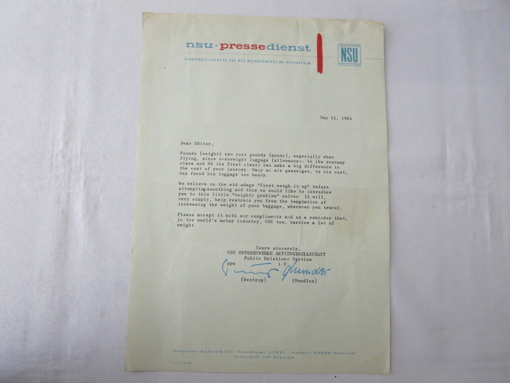 1964 NSU Car Factory Letter Letterhead sent to Magazine Editor 