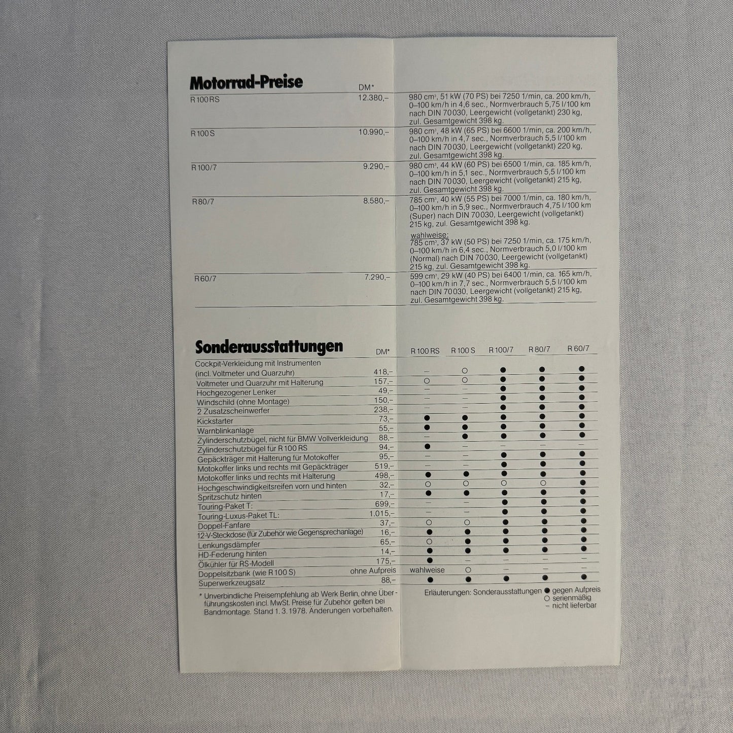 1978 BMW Motorcycle Price and Options Brochure Catalog R100RS R100 R80 GERMAN