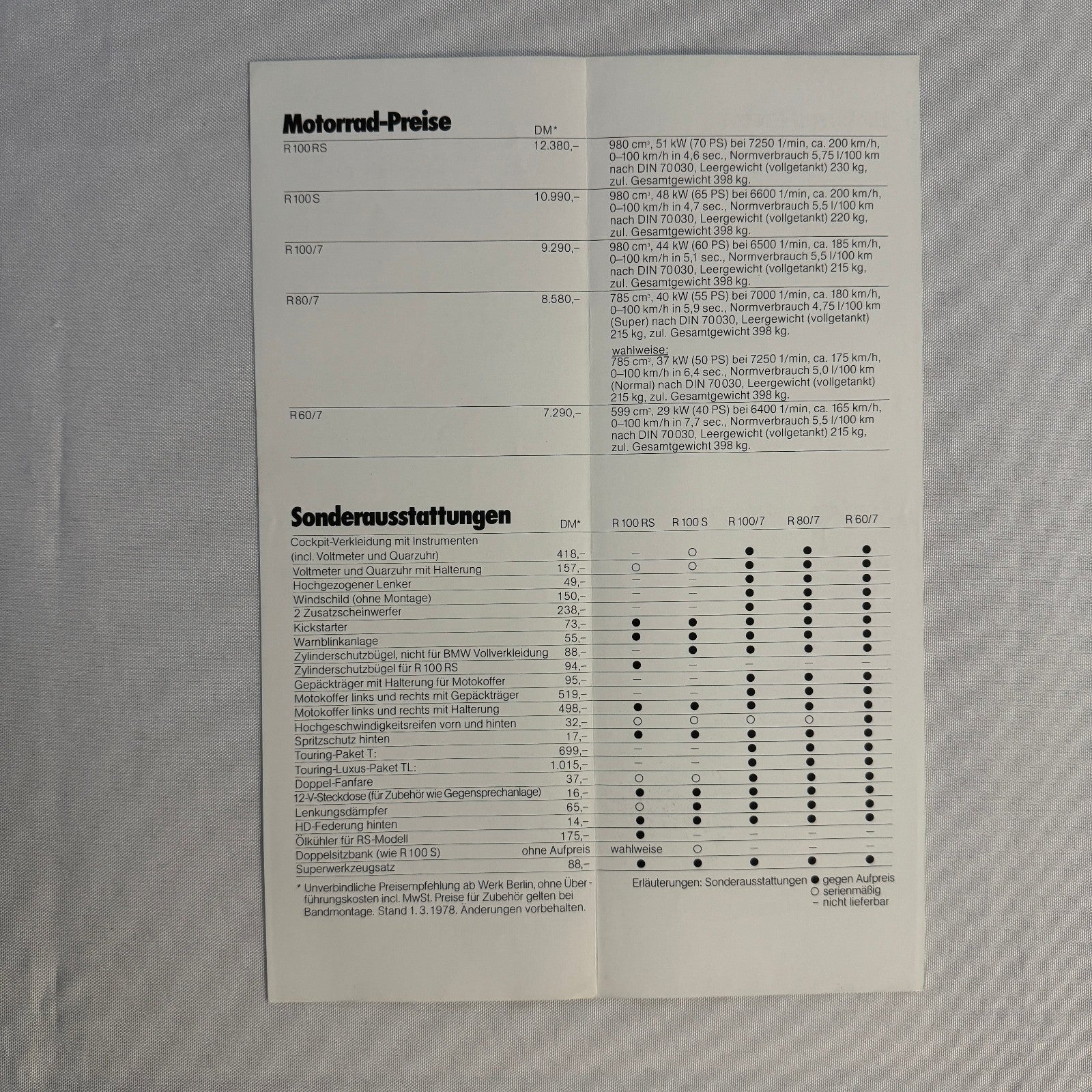 1978 BMW Motorcycle Price and Options Brochure Catalog R100RS R100 R80 GERMAN