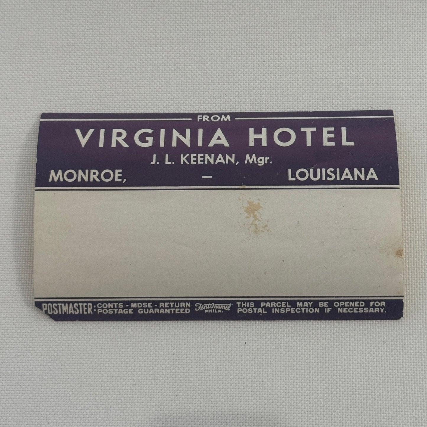Vintage Hotel Travel Luggage Label Virginia Hotel Monroe Louisiana LA