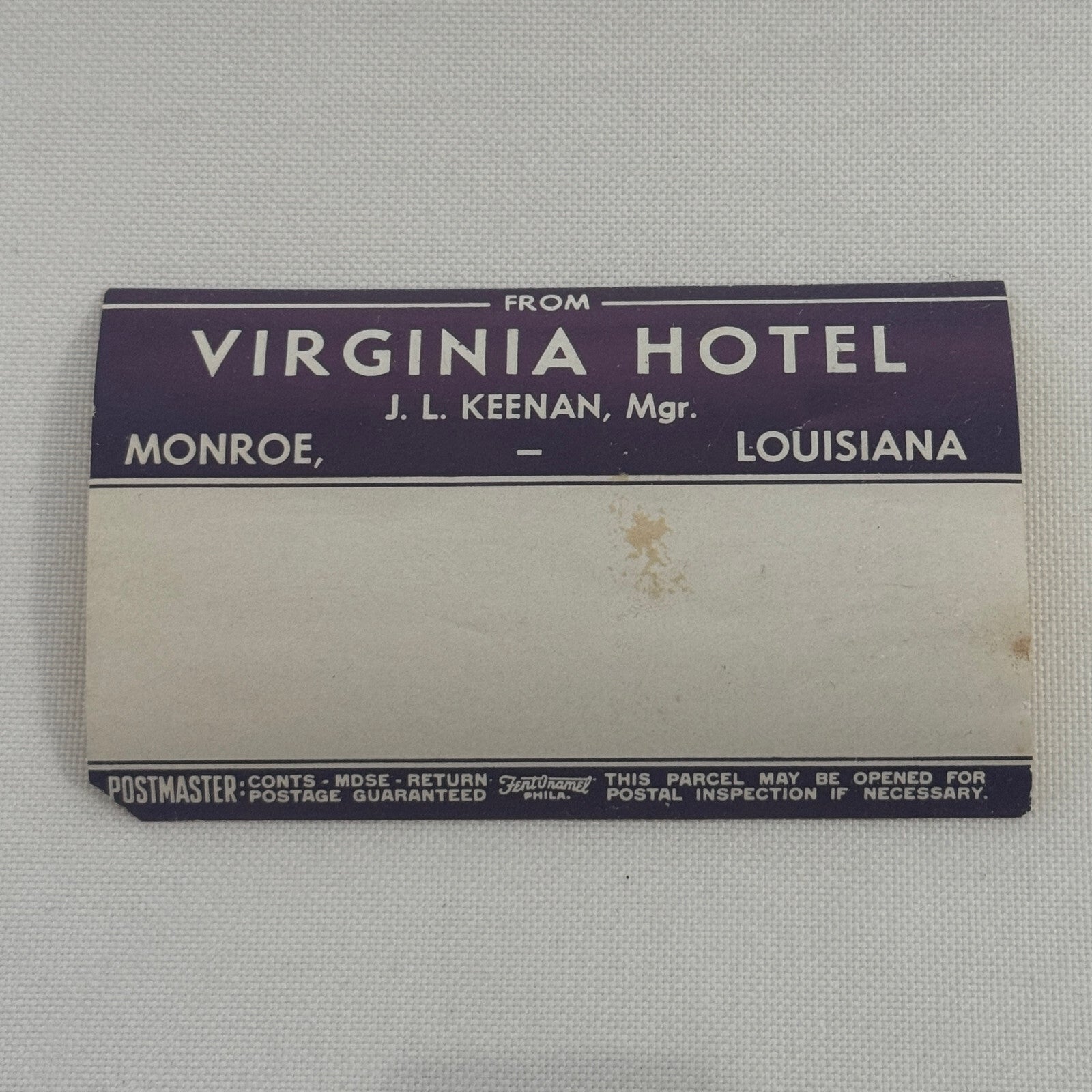 Vintage Hotel Travel Luggage Label Virginia Hotel Monroe Louisiana LA