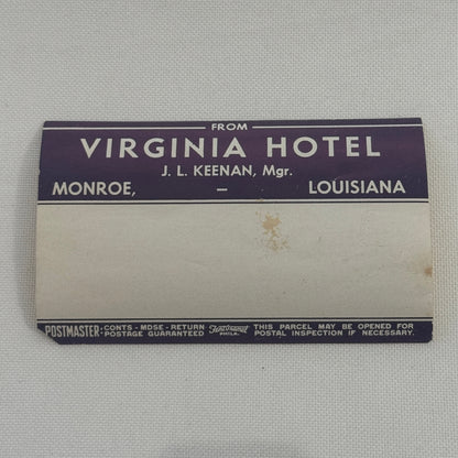 Vintage Hotel Travel Luggage Label Virginia Hotel Monroe Louisiana LA