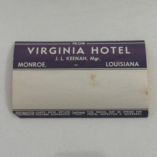Vintage Hotel Travel Luggage Label Virginia Hotel Monroe Louisiana LA