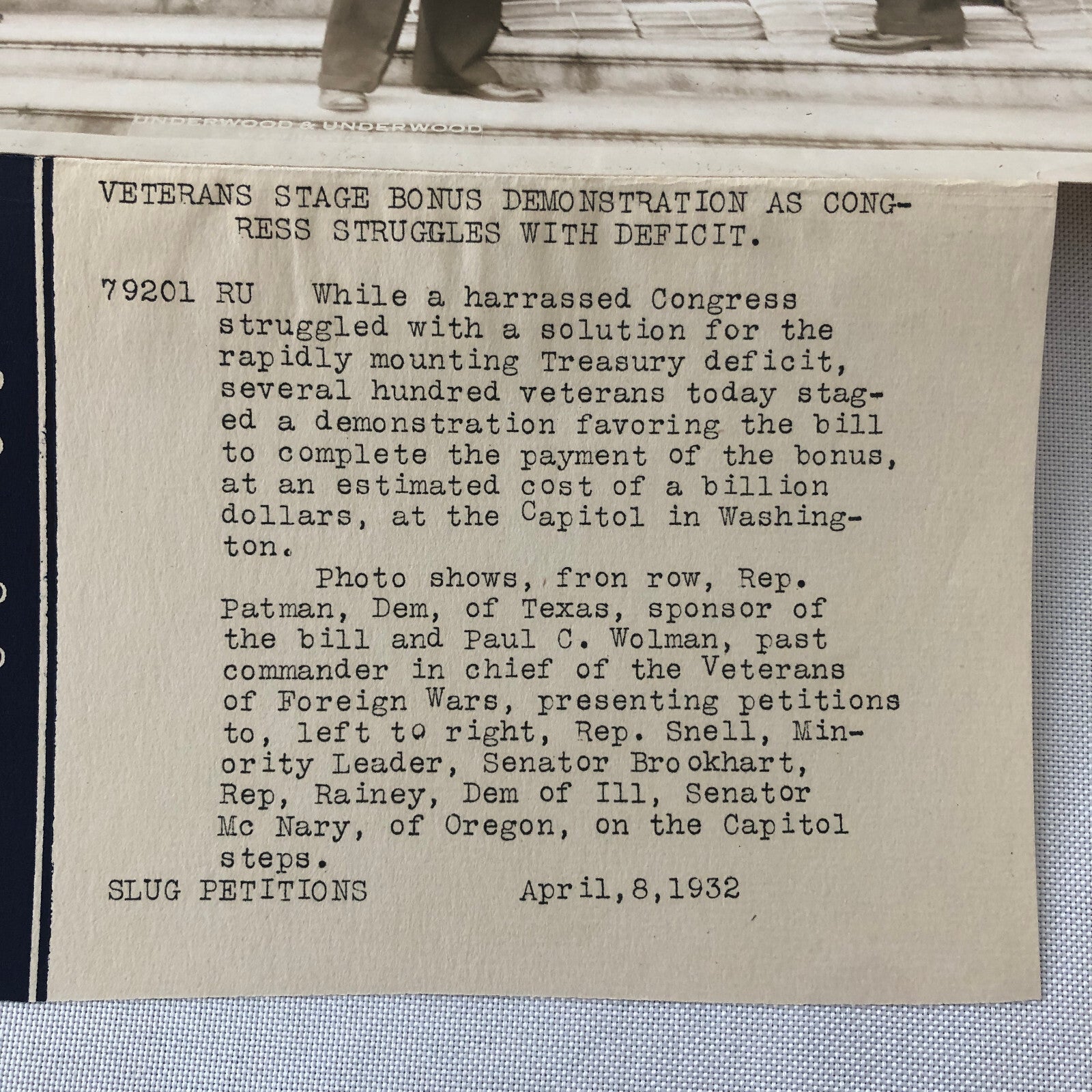 Press Photo Photograph Veterans Demonstration on Congress For Bonus Pay 1932