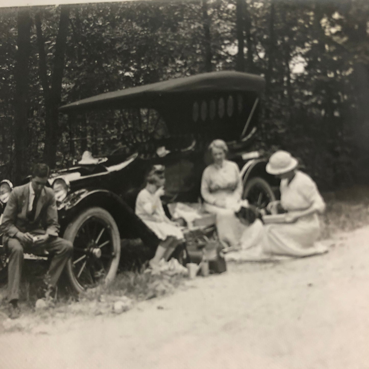 Antique Glass Plate Lantern Slide Photo Car Automobile People Picnic
