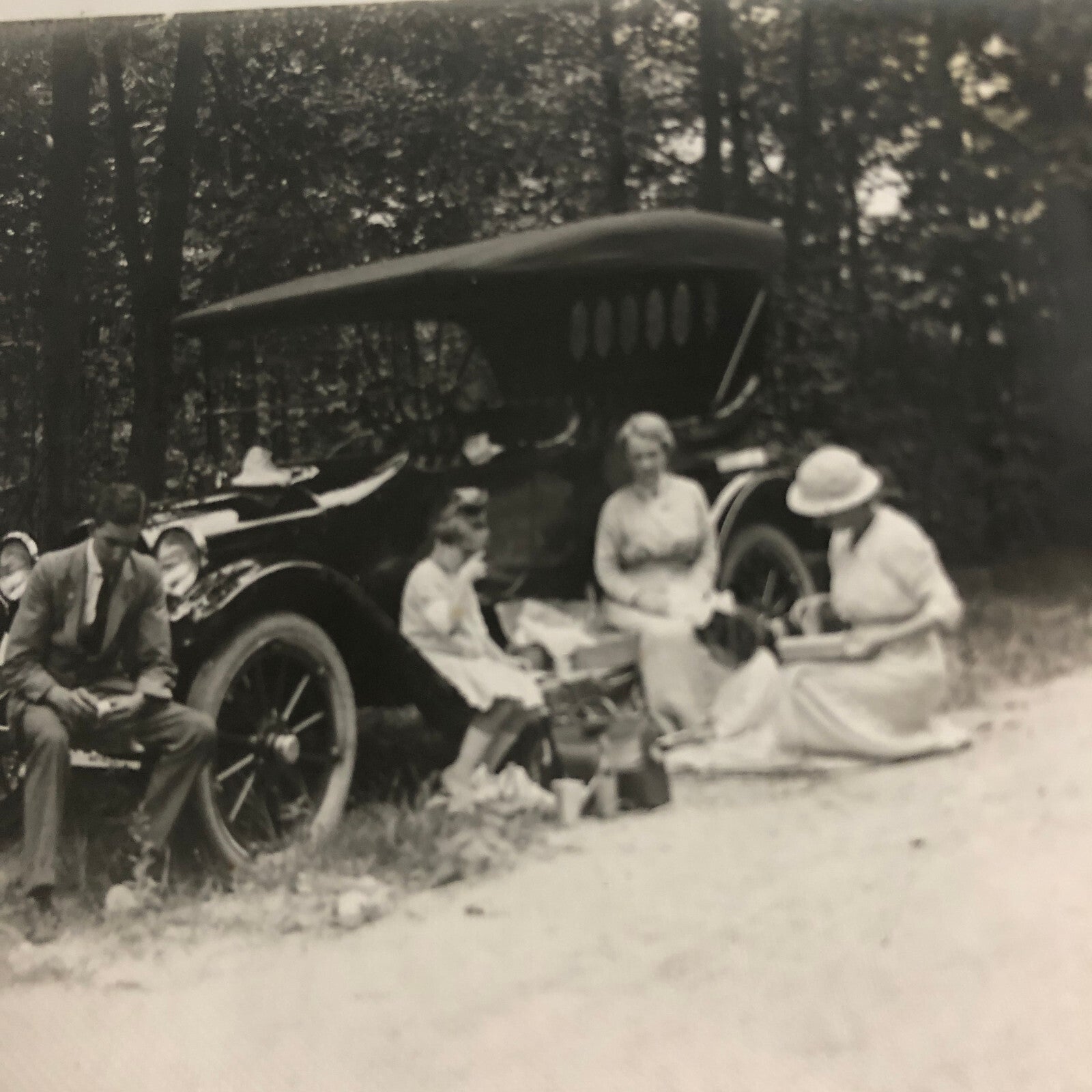 Antique Glass Plate Lantern Slide Photo Car Automobile People Picnic