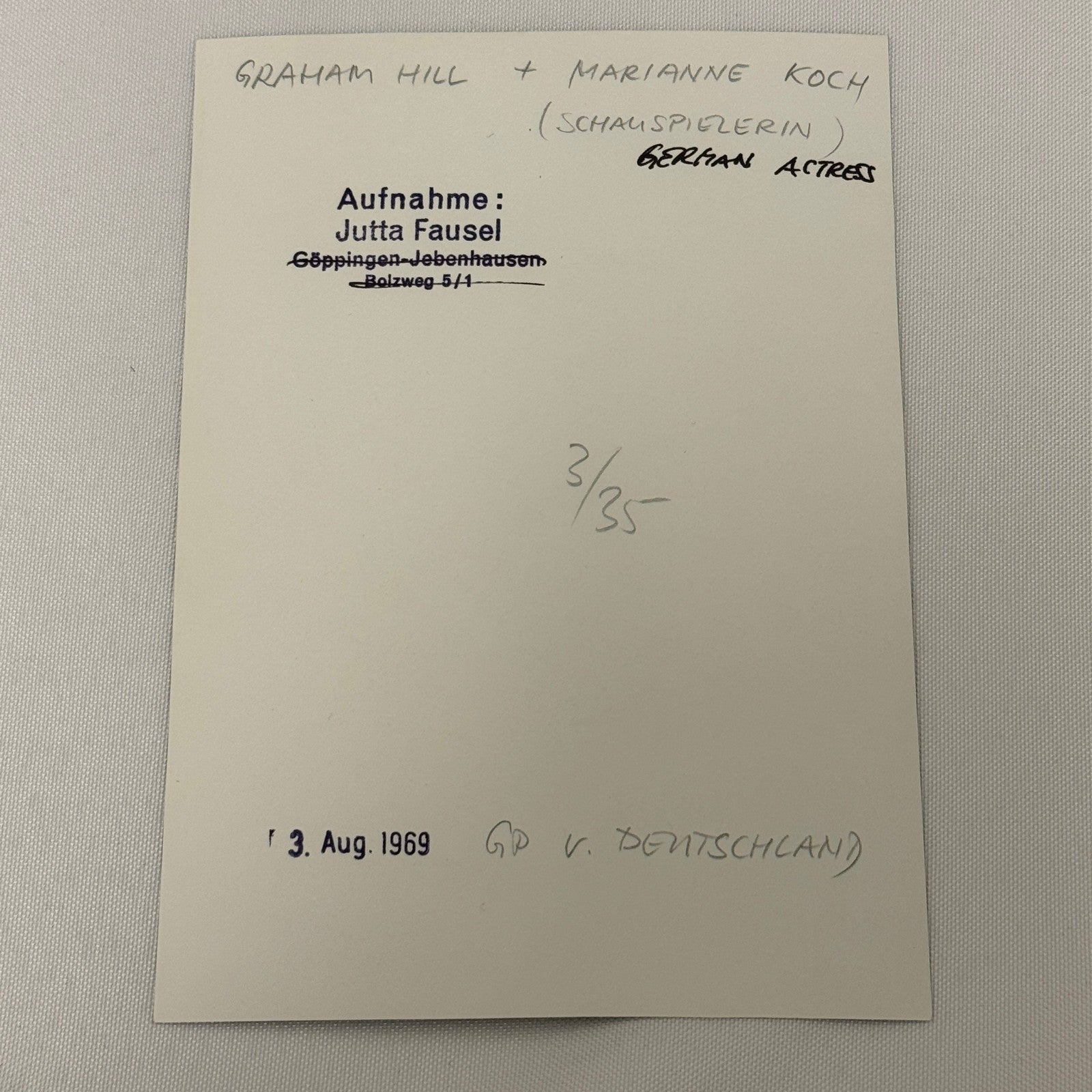 Vintage Racing Photo 1969 German Grand Prix Graham Hill Marianne Koch Motorsport