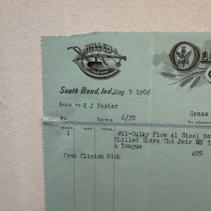 Oliver Chilled Plow Works Indiana Michigan Receipt Letterhead Document Lot 1908