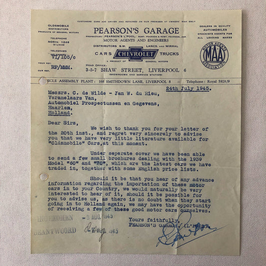 1945 Chevrolet Dealership Letter UK Garage Oldsmobile Car Truck Letterhead