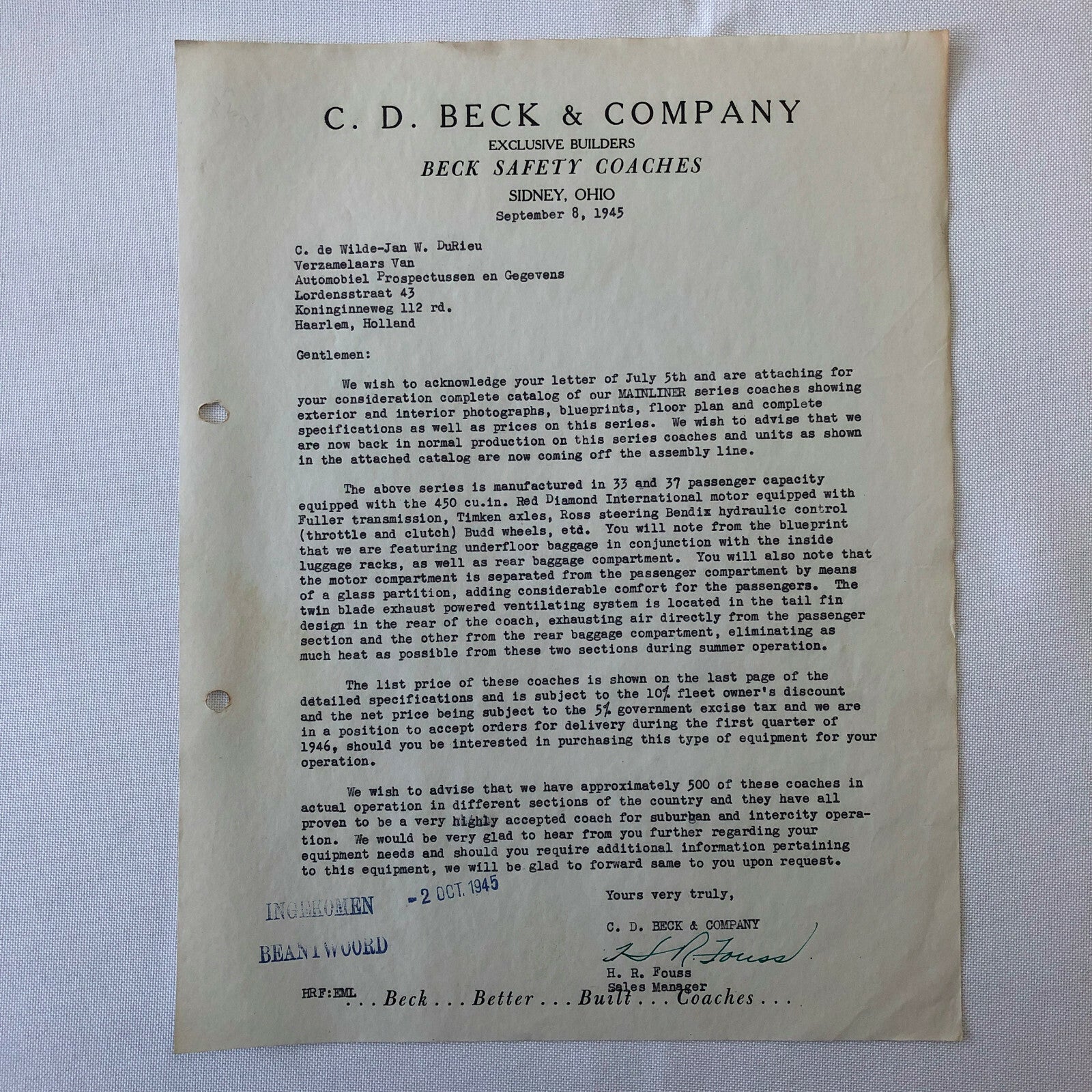 1945 CD Beck Company Safety Coach Bus Letter Letterhead Document Mainliner +