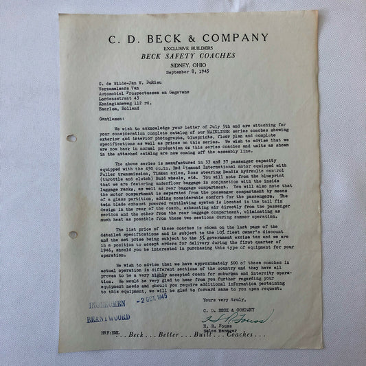 1945 CD Beck Company Safety Coach Bus Letter Letterhead Document Mainliner +