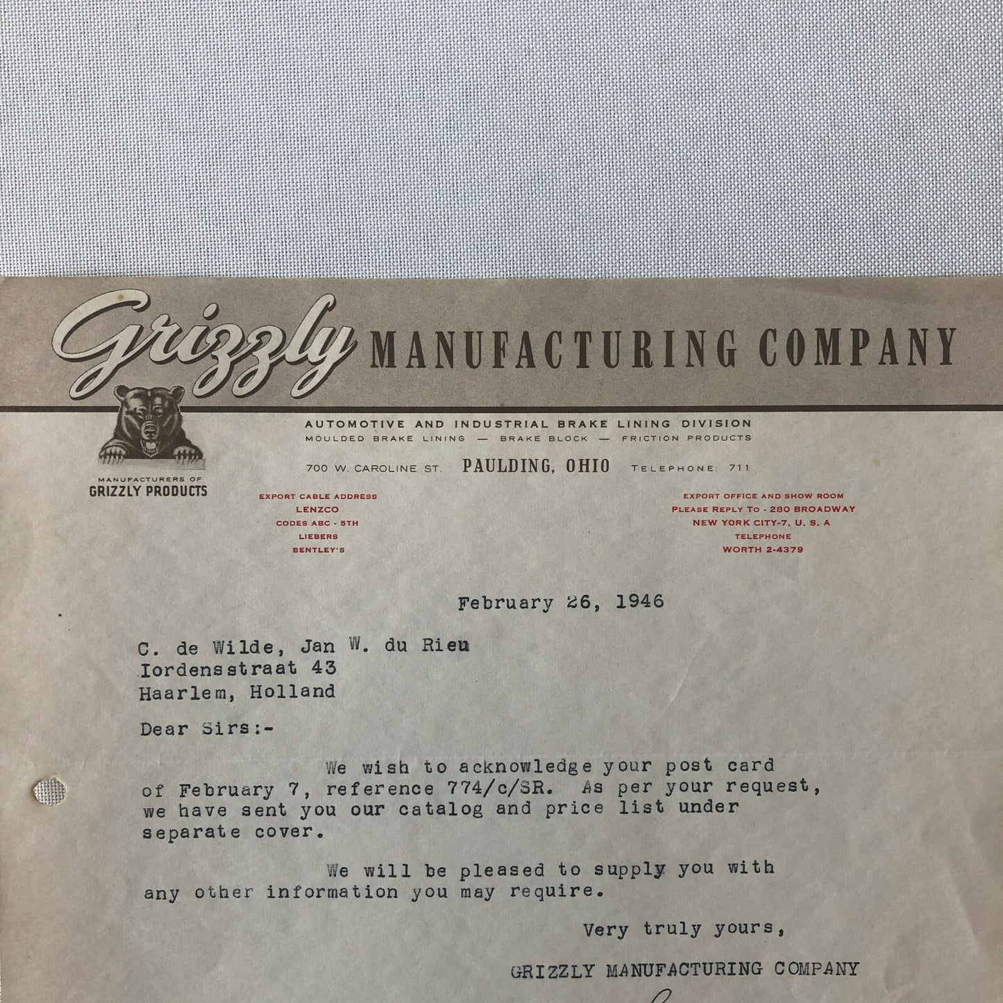 1946 Grizzly Manufacturing Company Letter Letterhead Bear Logo - Brake Lining 