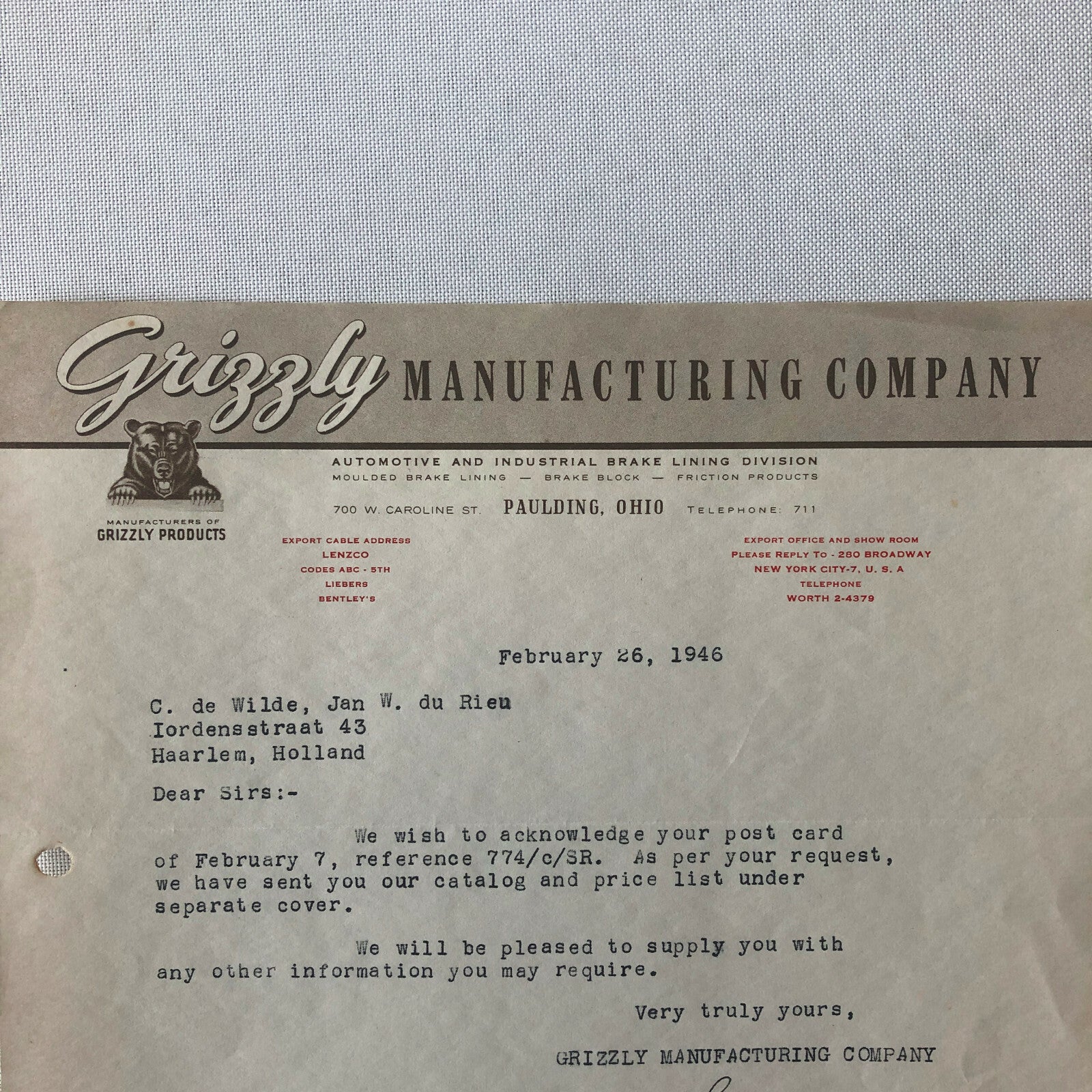 1946 Grizzly Manufacturing Company Letter Letterhead Bear Logo - Brake Lining 