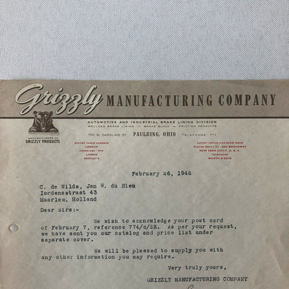 1946 Grizzly Manufacturing Company Letter Letterhead Bear Logo - Brake Lining 