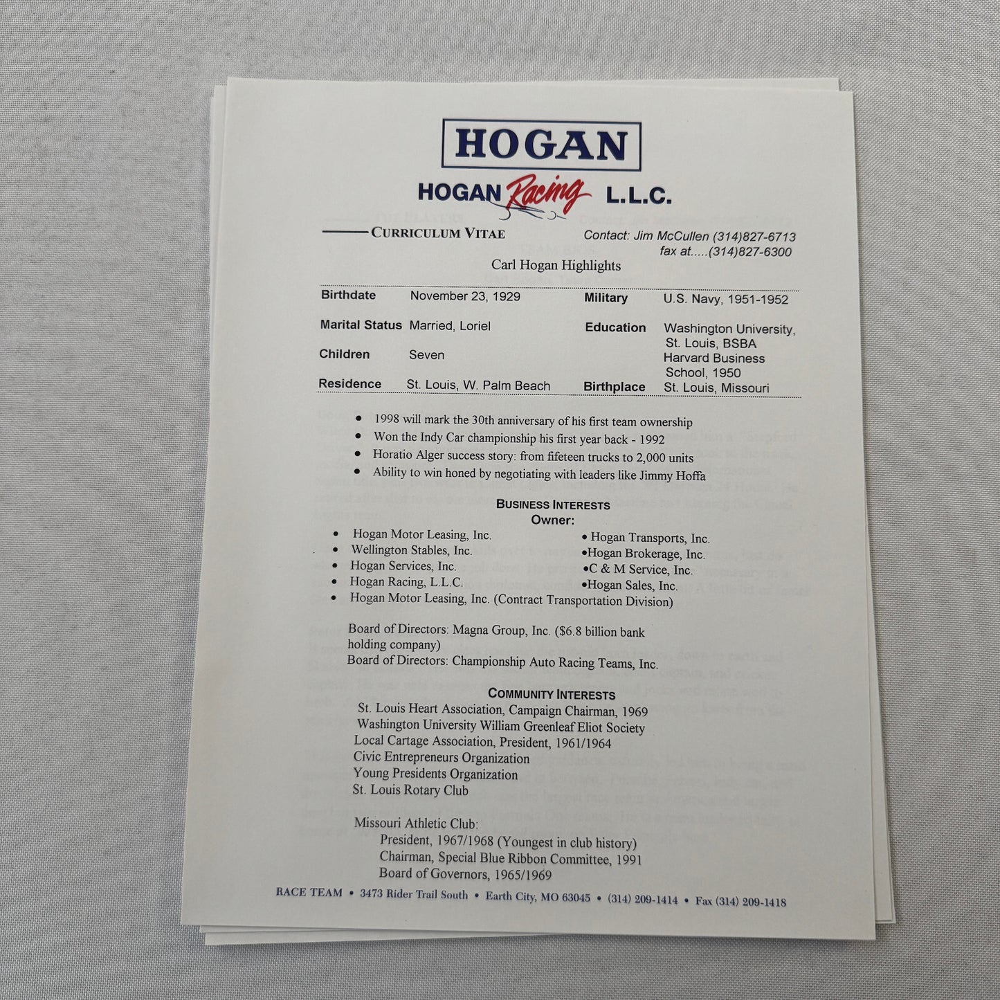 Hogan Racing PPG CART Dario Franchitti Reynard Mercedes Car Racing Press Kit