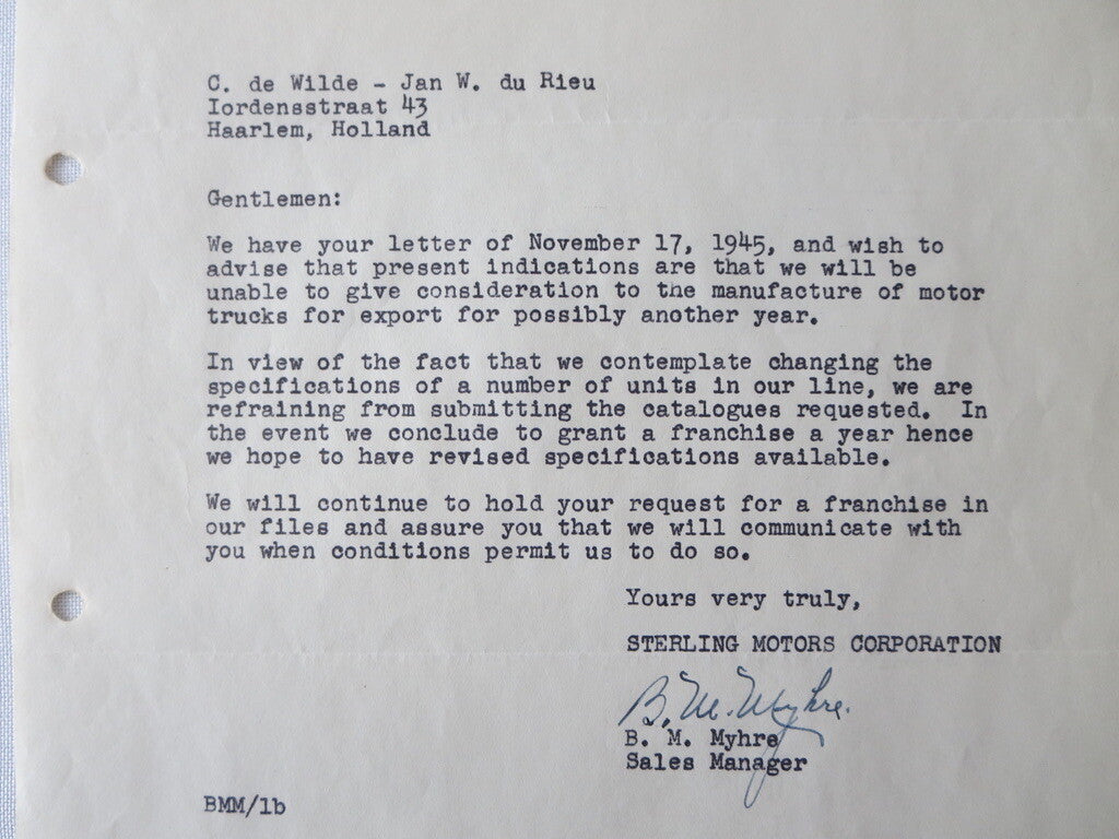 1945 Sterling Motor Truck Corporation Letter Letterhead Document 