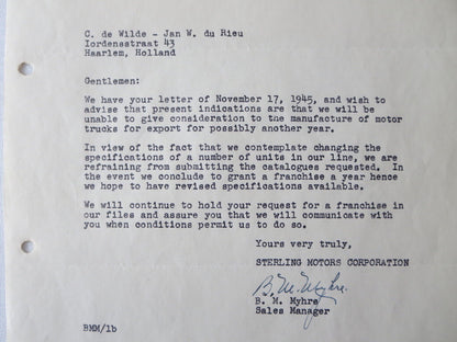 1945 Sterling Motor Truck Corporation Letter Letterhead Document 