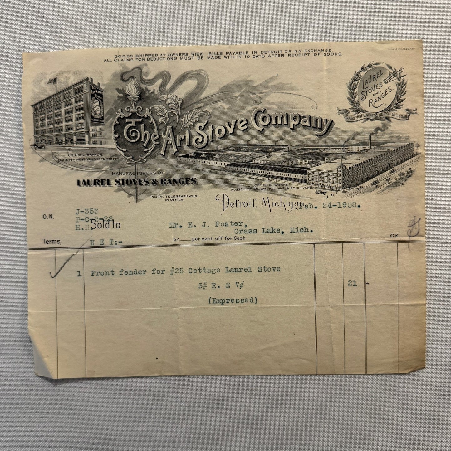 Art Stove Company Laurel Letterhead Invoice Document 1908 Detroit Michigan