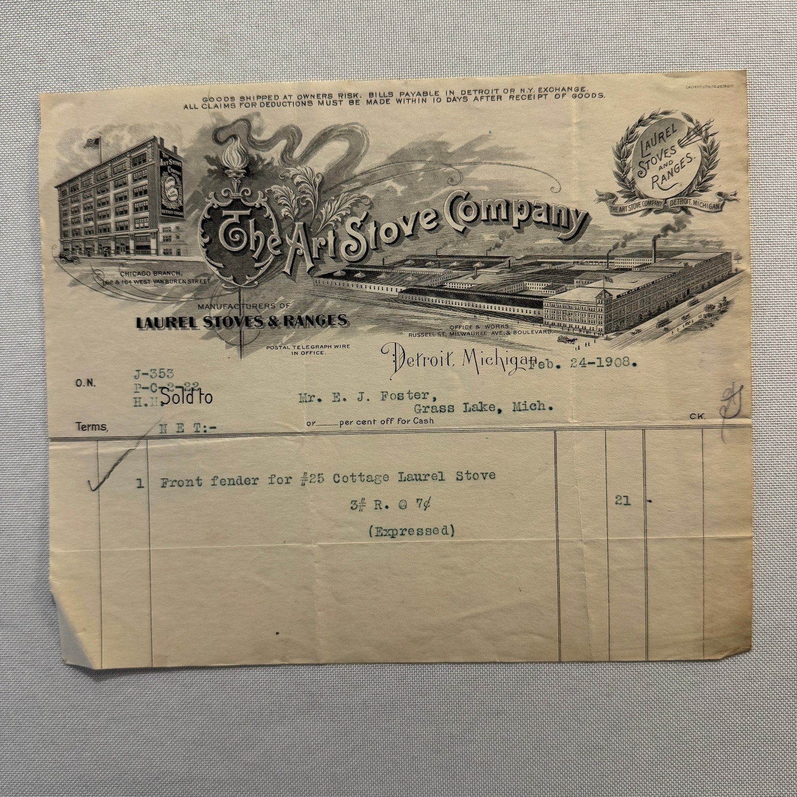 Art Stove Company Laurel Letterhead Invoice Document 1908 Detroit Michigan