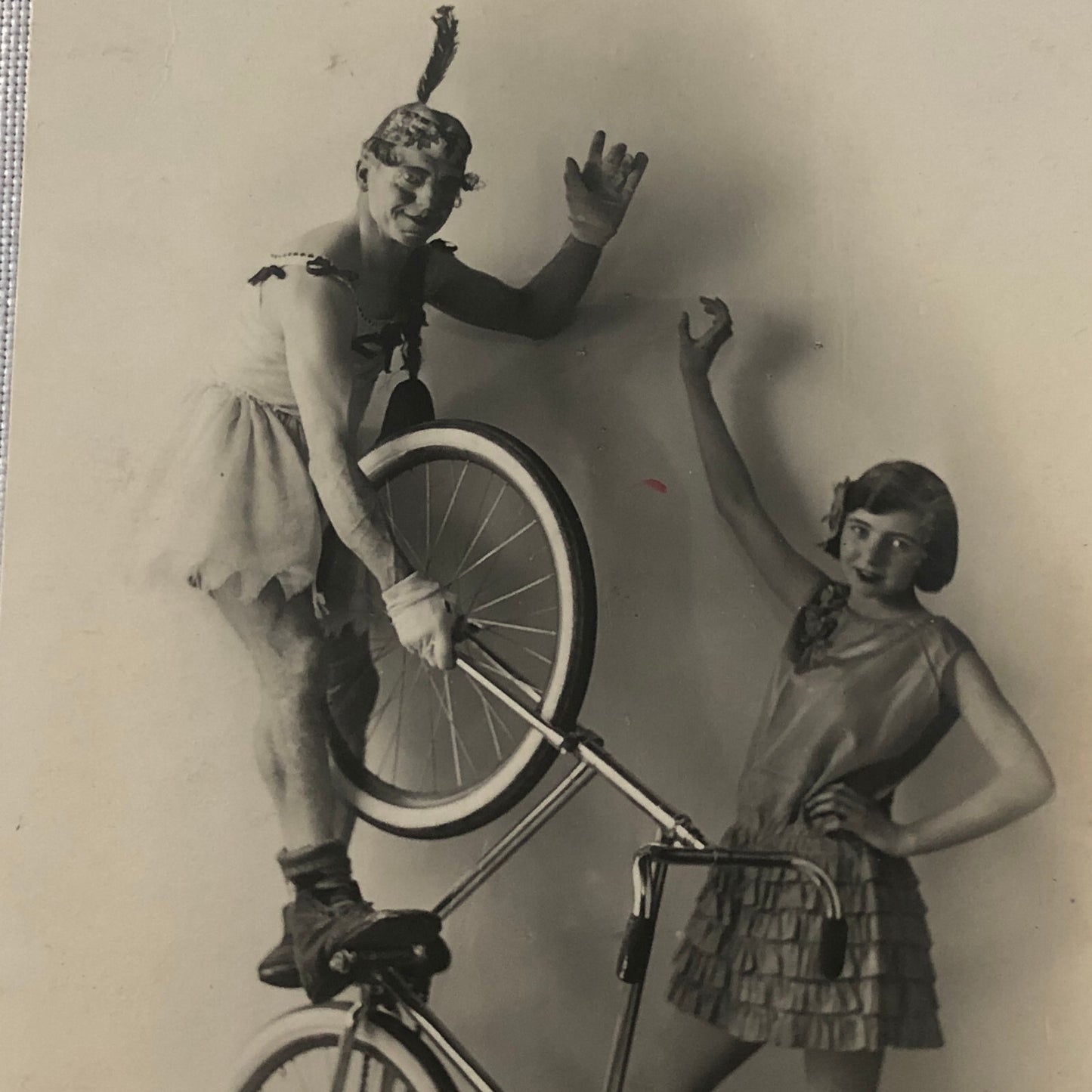 Circus Real Photo Postcard RPPC Acrobats Balancing Bicycle Act Man Woman Clown
