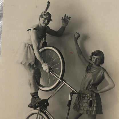 Circus Real Photo Postcard RPPC Acrobats Balancing Bicycle Act Man Woman Clown