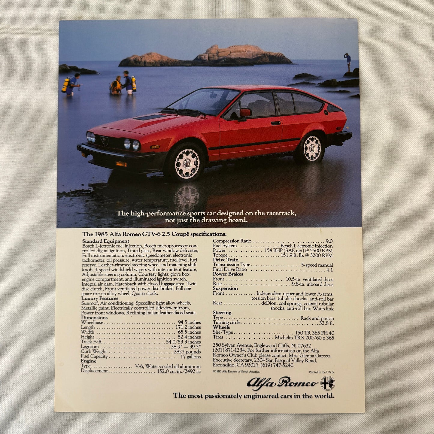 1985 Alfa Romeo Spider Veloce and GTV-6 2.5 Coupe Sales Sheet Brochure GTV 6