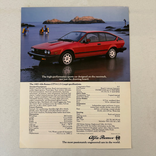 1985 Alfa Romeo Spider Veloce and GTV-6 2.5 Coupe Sales Sheet Brochure GTV 6