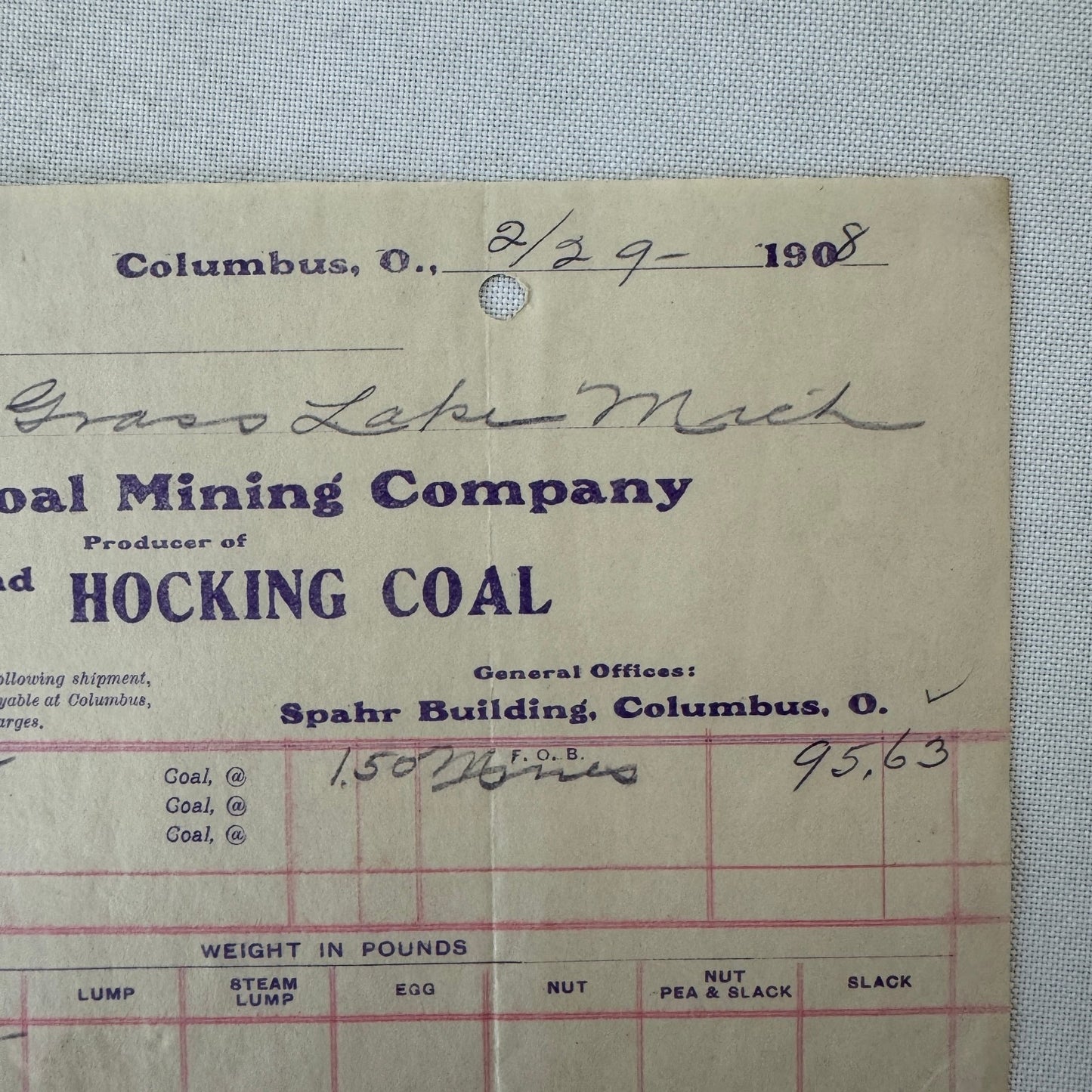 Johnson Coal Mining Company Receipt Invoice Document Letterhead 1908 Columbus OH