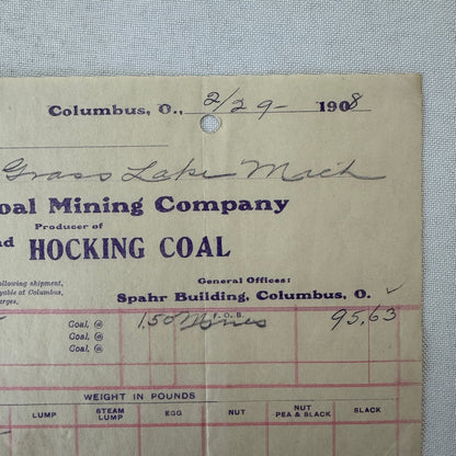 Johnson Coal Mining Company Receipt Invoice Document Letterhead 1908 Columbus OH