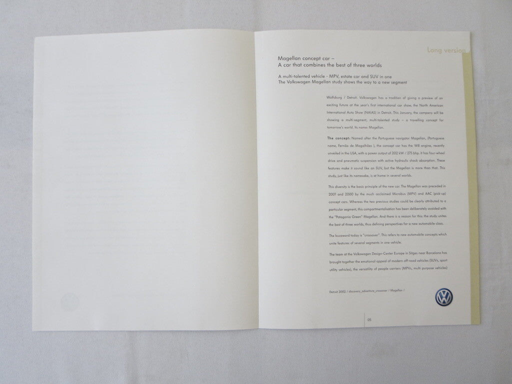 2002 Volkswagen VW Magellan Concept Car Press Kit Brochure Catalog