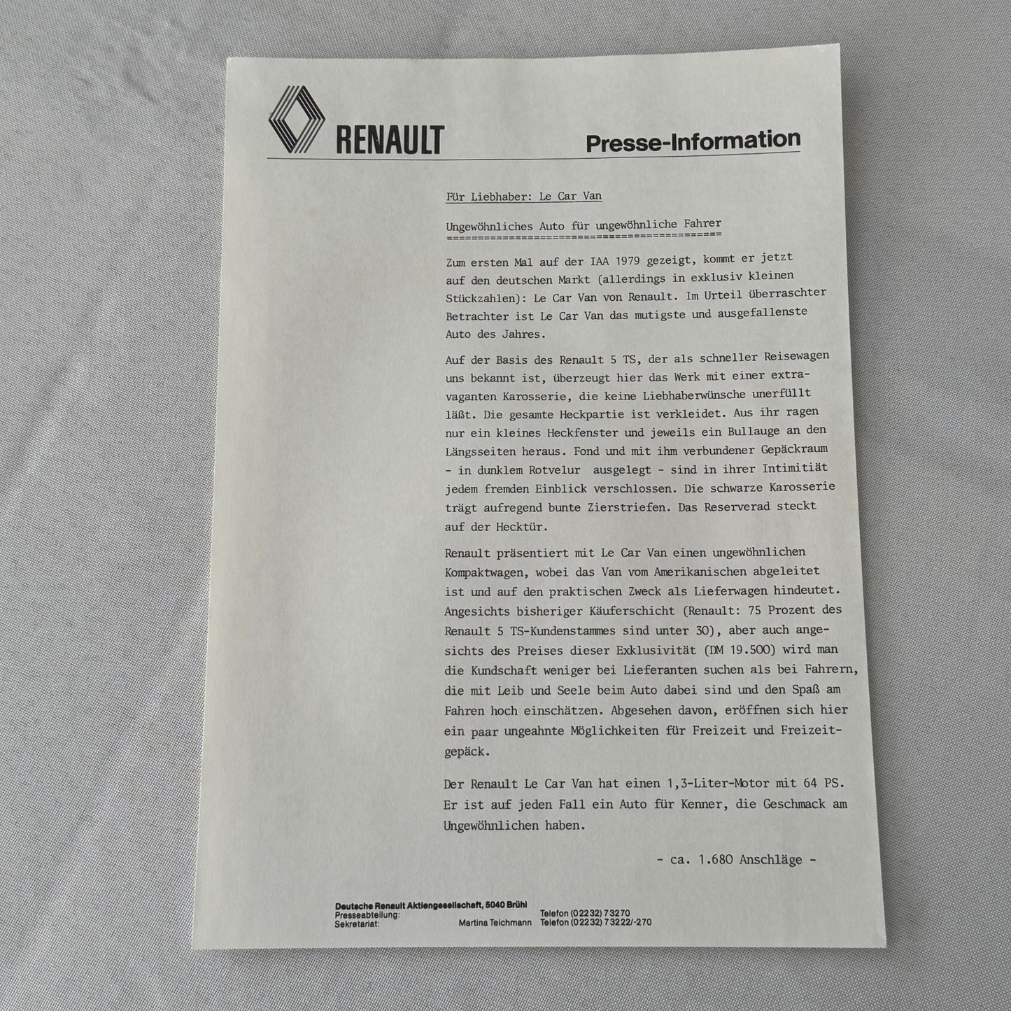 1980 Renault Press Kit Le Car Van Vagabund Renault ELF 20 Racing Car GERMAN
