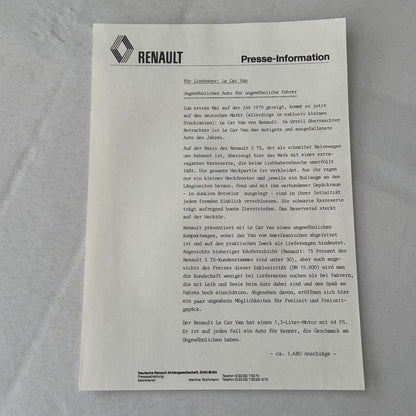 1980 Renault Press Kit Le Car Van Vagabund Renault ELF 20 Racing Car GERMAN