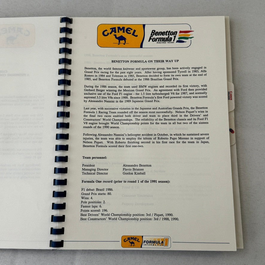Camel Formula One Racing Press Kit Brochure Nelson Piquet Nigel Mansell 1991
