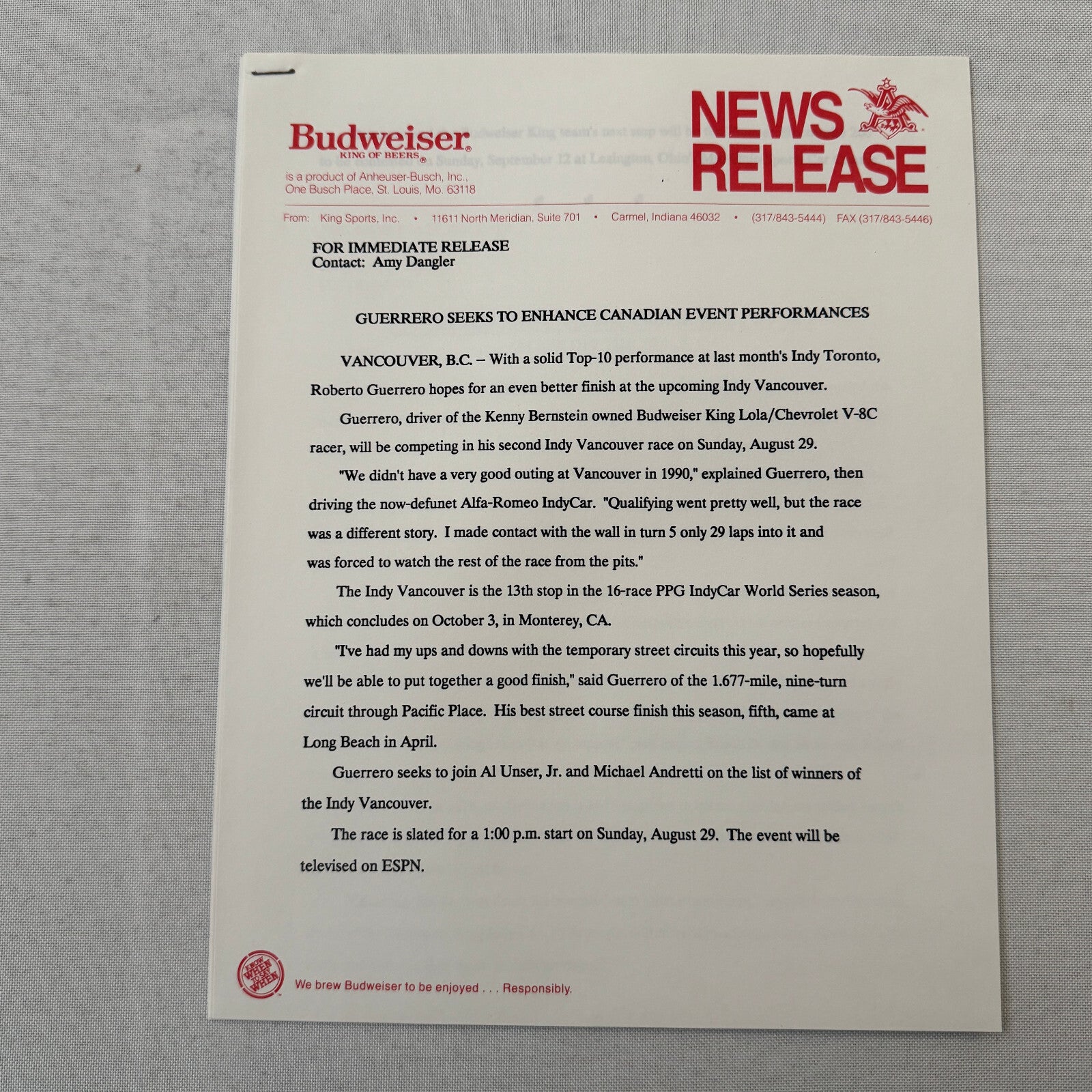 1993 Budweiser King Indy Car Racing Press Kit Roberto Guerrero