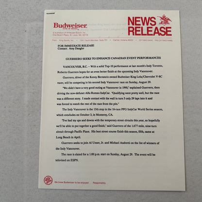 1993 Budweiser King Indy Car Racing Press Kit Roberto Guerrero